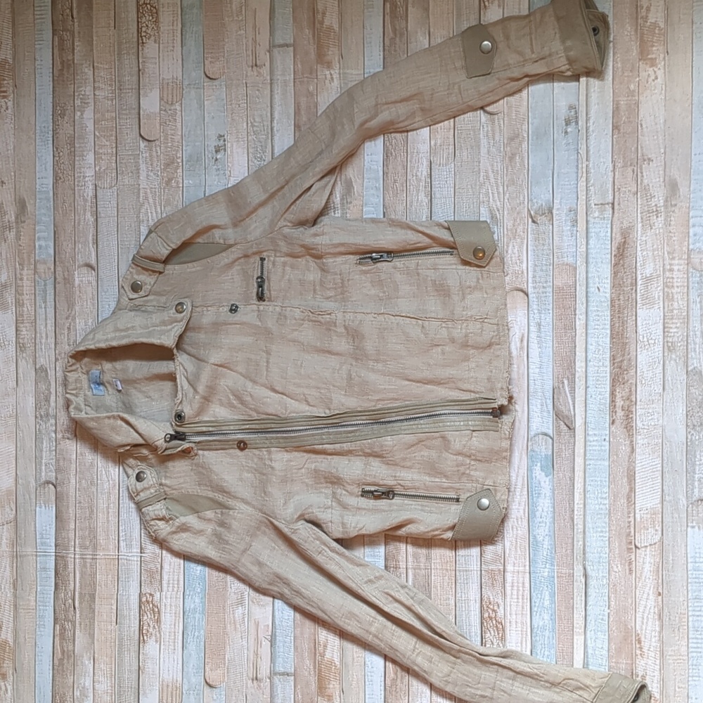 Vintage linen and leather cropped tan moto light summer zip jacket with pockets